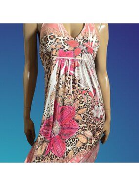 Vintage Y2K  Pink Glitter Floral Leopard Print Halter Mini Dress size S V Neck